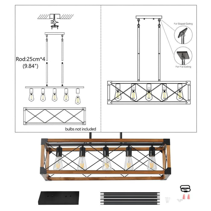 5-Light Kitchen Island Pendant, Hanging Light Fixture, Wood Black Pendant Lights for Living Room Dining Room ErisView