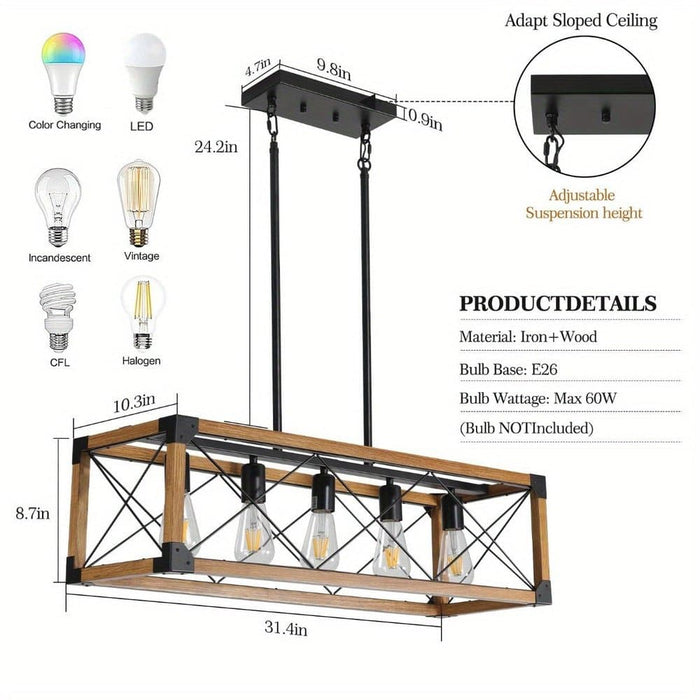 5-Light Kitchen Island Pendant, Hanging Light Fixture, Wood Black Pendant Lights for Living Room Dining Room ErisView