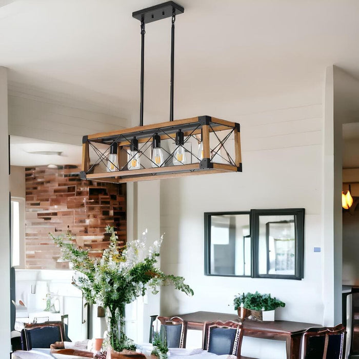 5-Light Kitchen Island Pendant, Hanging Light Fixture, Wood Black Pendant Lights for Living Room Dining Room ErisView