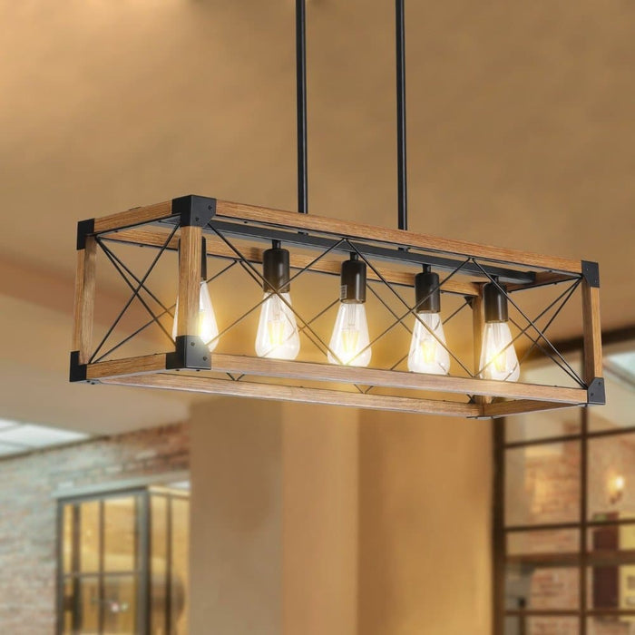 5-Light Kitchen Island Pendant, Hanging Light Fixture, Wood Black Pendant Lights for Living Room Dining Room ErisView