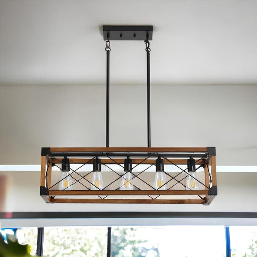 5-Light Kitchen Island Pendant, Hanging Light Fixture, Wood Black Pendant Lights for Living Room Dining Room ErisView