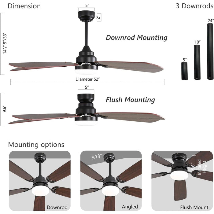 52 in. Black Modern Ceiling Fan with Light and Remote, 5 Blade Flush Mount Ceiling Fan, Low Profile Reversible Quiet Ceiling Fans for Bedroom Living Room-2-ErisView