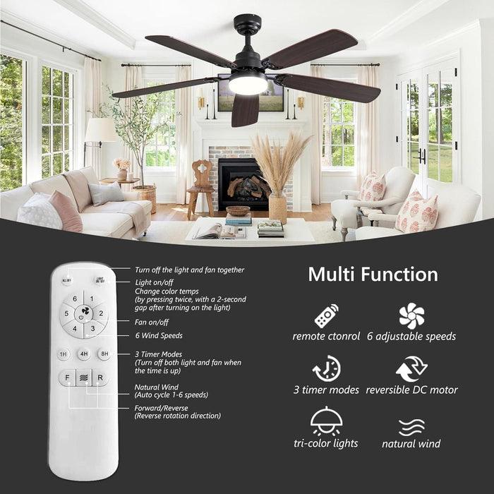 52 in. Black Modern Ceiling Fan with Light and Remote, 5 Blade Flush Mount Ceiling Fan, Low Profile Reversible Quiet Ceiling Fans for Bedroom Living Room-4-ErisView