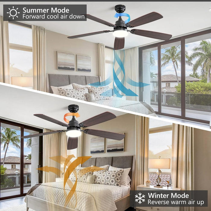 52 in. Black Modern Ceiling Fan with Light and Remote, 5 Blade Flush Mount Ceiling Fan, Low Profile Reversible Quiet Ceiling Fans for Bedroom Living Room-6-ErisView