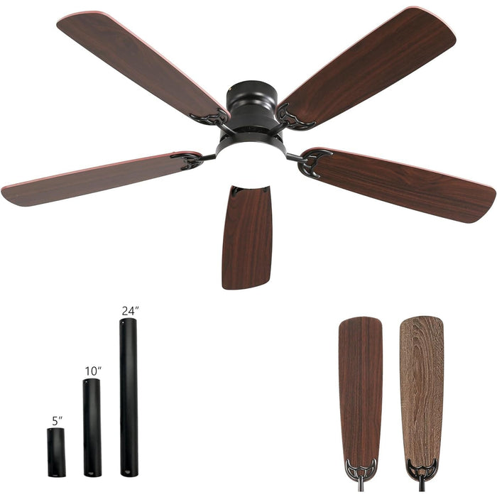 52 in. Black Modern Ceiling Fan with Light and Remote, 5 Blade Flush Mount Ceiling Fan, Low Profile Reversible Quiet Ceiling Fans for Bedroom Living Room-1-ErisView