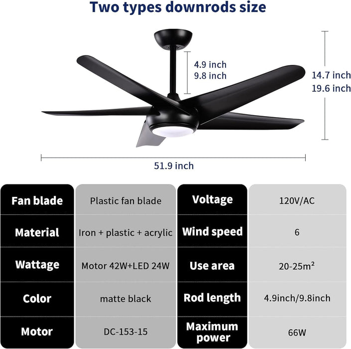 52 in. Ceiling Fan, Indoor Outdoor Ceiling Fan with Light, Black Ceiling Fan with Remote, Reversible Mini Ceiling Fan for Patio Bedroom Living Room-2-ErisView