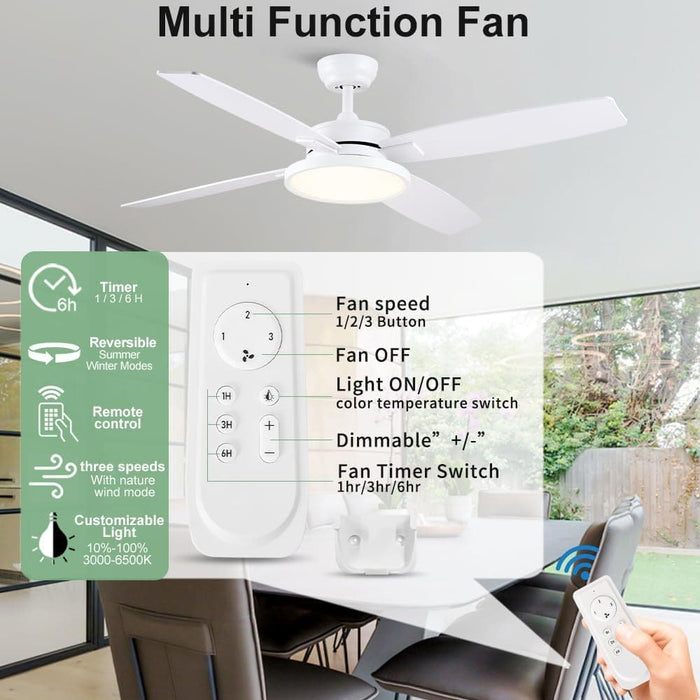 52 in. Ceiling Fan, White Ceiling Fan with Light, Modern Farmhouse Ceiling Fan with Light, Quiet Ceiling Fans, Dimmable Reversible Fan for Summer Winter-2-ErisView