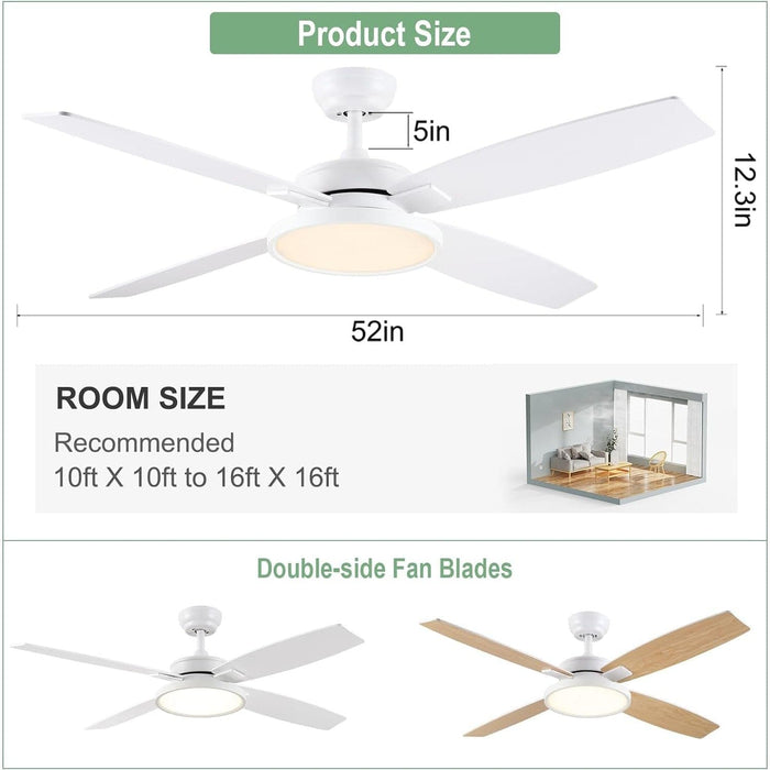 52 in. Ceiling Fan, White Ceiling Fan with Light, Modern Farmhouse Ceiling Fan with Light, Quiet Ceiling Fans, Dimmable Reversible Fan for Summer Winter-8-ErisView