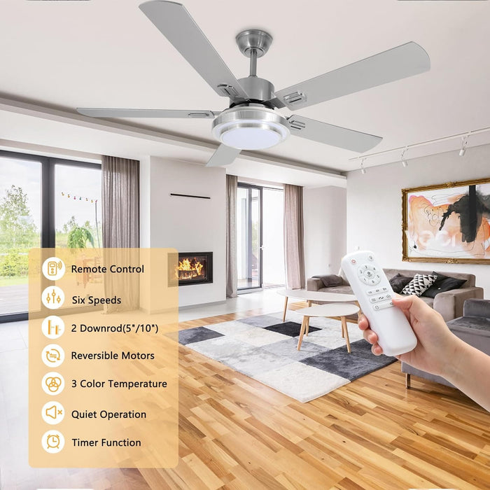 52 in. Ceiling Fan for Sloped Ceiling with Light and Remote Control, Reversible Brushed Nickel Ceiling Fan for Bedroom Living Room Office-2-ErisView