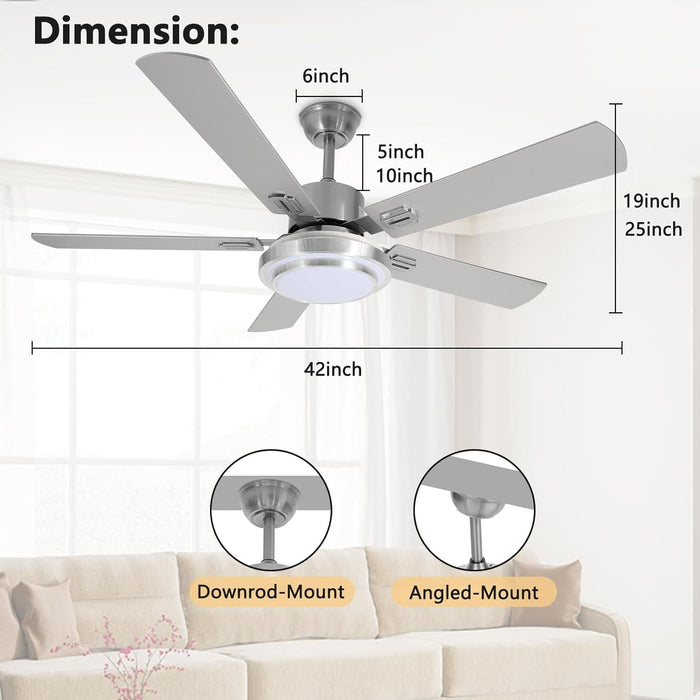 52 in. Ceiling Fan for Sloped Ceiling with Light and Remote Control, Reversible Brushed Nickel Ceiling Fan for Bedroom Living Room Office-6-ErisView