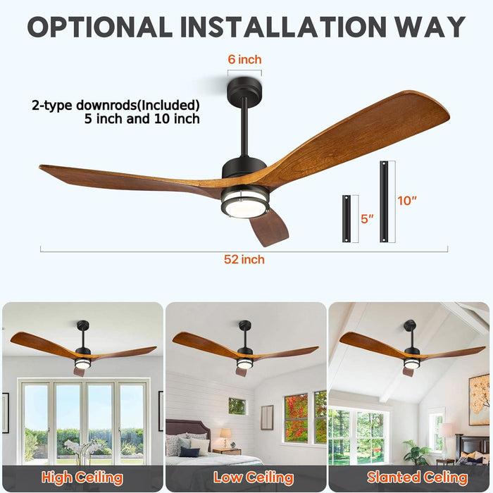 52 in. Ceiling Fan with Light, 3 Wood Blades Quiet Reversible Low Profile Ceiling Fan with Remote for Bedroom Living Room, Fan for Summer-5-ErisView