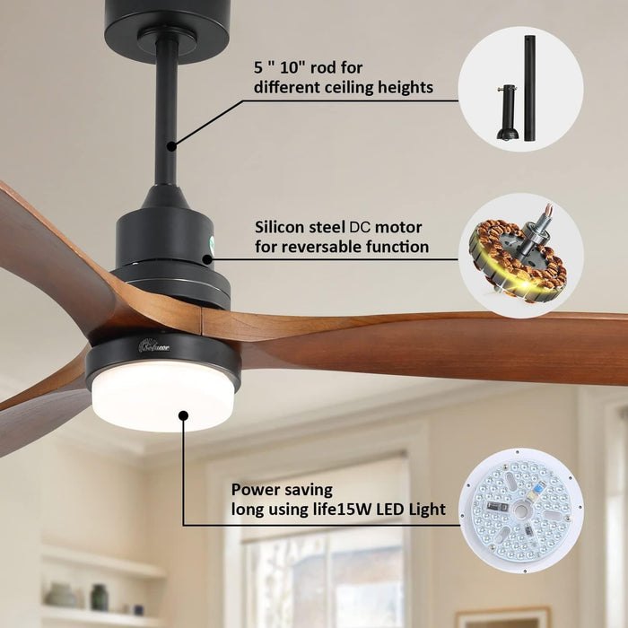 52 in. Ceiling Fan with Light and Remote Control, Farmhouse Wood Reversible Quiet Ceiling Fans with Light-2-ErisView