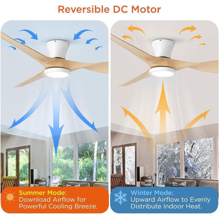 52 in. Ceiling Fan with Lights and Remote, Flush Mount Low Profile Ceiling Fan, Reversible Bedroom Ceiling Fans, Living Room Fan, Oak Kitchen Ceiling Fan-3-ErisView