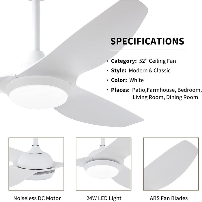 52 in. Ceiling Fan with Lights and Remote, White Modern Fan with Light, Low Profile Ceiling Fan and Light for Patios, Living Room, Dining Room Gym-5-ErisView