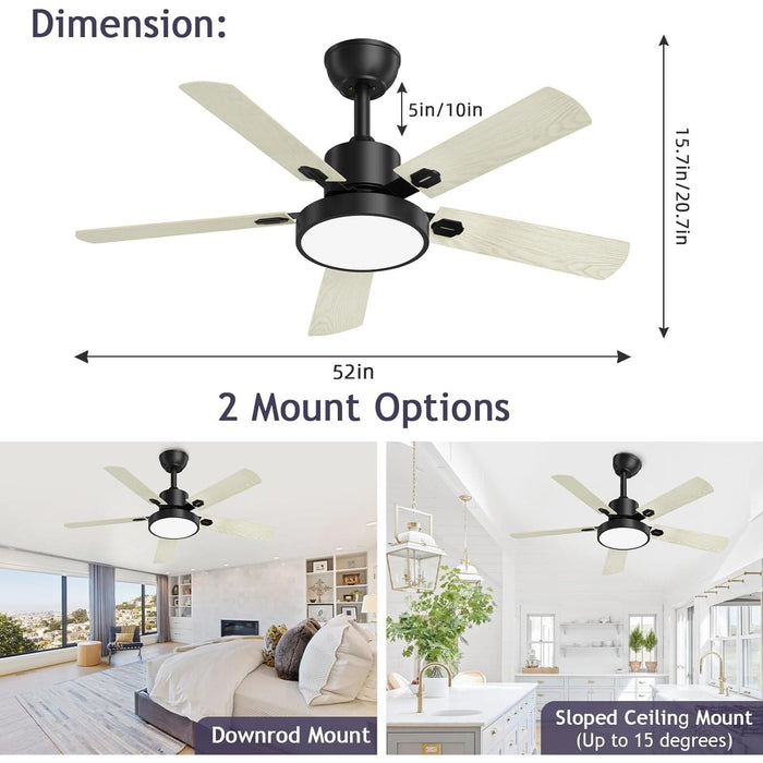 52 in. Ceiling Fans with Lights and Remote, Indoor Outdoor Black Outdoor Fan, Outdoor Ceiling Fan with Light for Patio Bedroom Living Room-6-ErisView