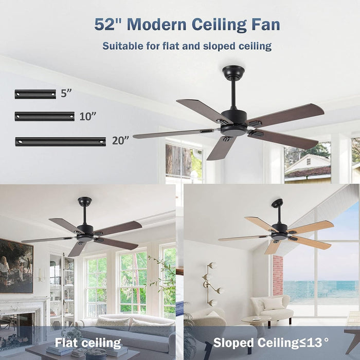 52 in. Ceiling Fans without Lights, Wood Low Profile Ceiling Fan with Remote, Smart Modern Reversible Ceiling Fan with Smart Timing for Indoor Outdoor Use-4-ErisView