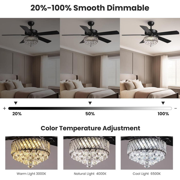 52 in. Crystal Ceiling Fan with Light, Modern LED Black Fandelier for Bedroom, Remote Control Fan with APP Control for Living Room Dining Room-2-ErisView