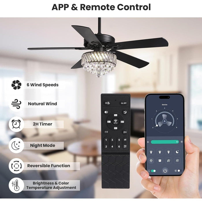 52 in. Crystal Ceiling Fan with Light, Modern LED Black Fandelier for Bedroom, Remote Control Fan with APP Control for Living Room Dining Room-4-ErisView