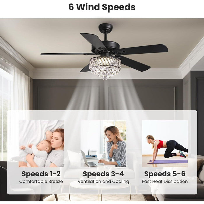 52 in. Crystal Ceiling Fan with Light, Modern LED Black Fandelier for Bedroom, Remote Control Fan with APP Control for Living Room Dining Room-5-ErisView