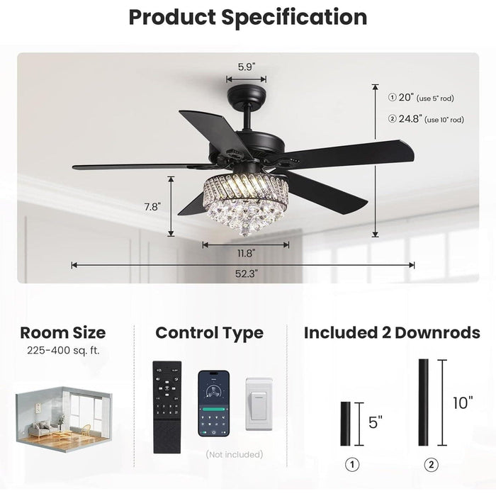 52 in. Crystal Ceiling Fan with Light, Modern LED Black Fandelier for Bedroom, Remote Control Fan with APP Control for Living Room Dining Room-7-ErisView