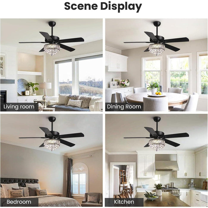 52 in. Crystal Ceiling Fan with Light, Modern LED Black Fandelier for Bedroom, Remote Control Fan with APP Control for Living Room Dining Room-8-ErisView