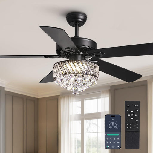 52 in. Crystal Ceiling Fan with Light, Modern LED Black Fandelier for Bedroom, Remote Control Fan with APP Control for Living Room Dining Room-1-ErisView