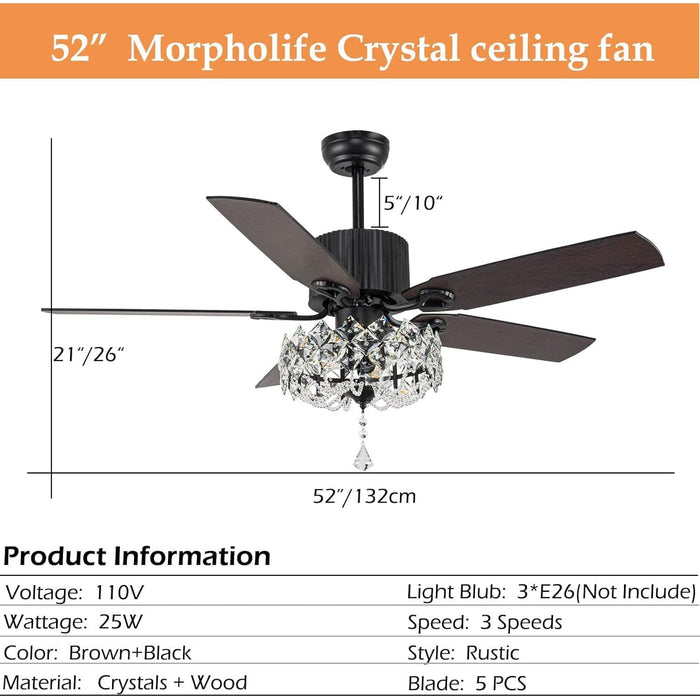 52 in. Crystal Ceiling Fan with Light and Remote, Black Farmhouse Decorative Chandelier Ceiling Fan, Modern Rustic Fandeliers for Living Room -4-ErisView