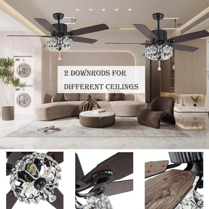 52 in. Crystal Ceiling Fan with Light and Remote, Black Farmhouse Decorative Chandelier Ceiling Fan, Modern Rustic Fandeliers for Living Room -5-ErisView