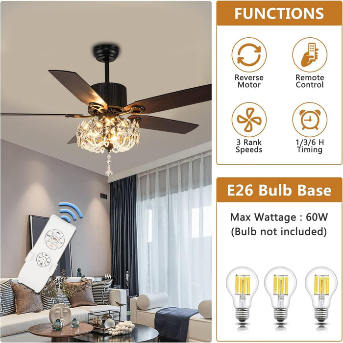 52 in. Crystal Ceiling Fan with Light and Remote, Black Farmhouse Decorative Chandelier Ceiling Fan, Modern Rustic Fandeliers for Living Room -6-ErisView