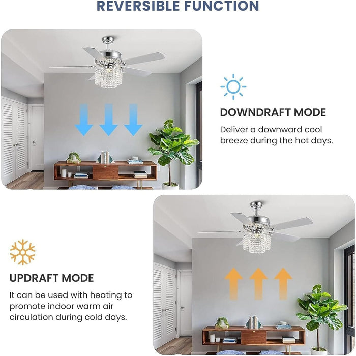 52 in. Crystal Ceiling Fan with Light and Remote Control, Modern Fan with Light, Reversible Chandelier Fan, Wood Chrome Fandelier for Bedroom Living Room-2-ErisView