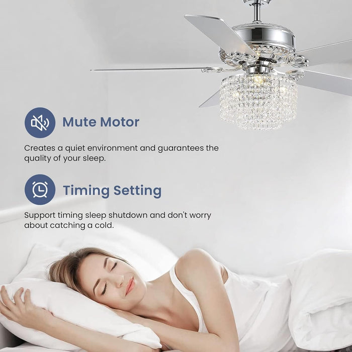 52 in. Crystal Ceiling Fan with Light and Remote Control, Modern Fan with Light, Reversible Chandelier Fan, Wood Chrome Fandelier for Bedroom Living Room-4-ErisView