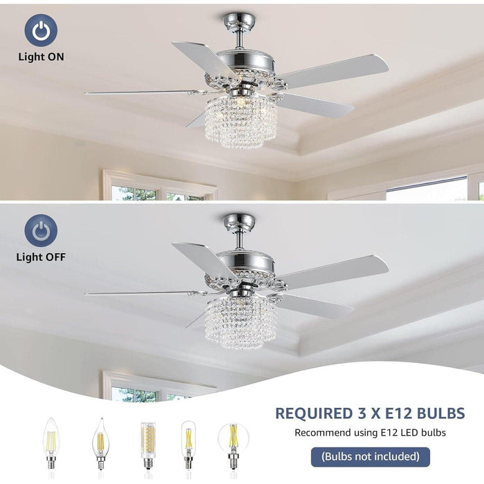 52 in. Crystal Ceiling Fan with Light and Remote Control, Modern Fan with Light, Reversible Chandelier Fan, Wood Chrome Fandelier for Bedroom Living Room-7-ErisView