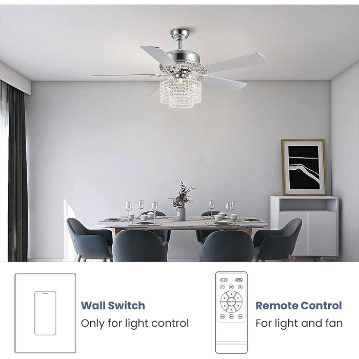 52 in. Crystal Ceiling Fan with Light and Remote Control, Modern Fan with Light, Reversible Chandelier Fan, Wood Chrome Fandelier for Bedroom Living Room-8-ErisView