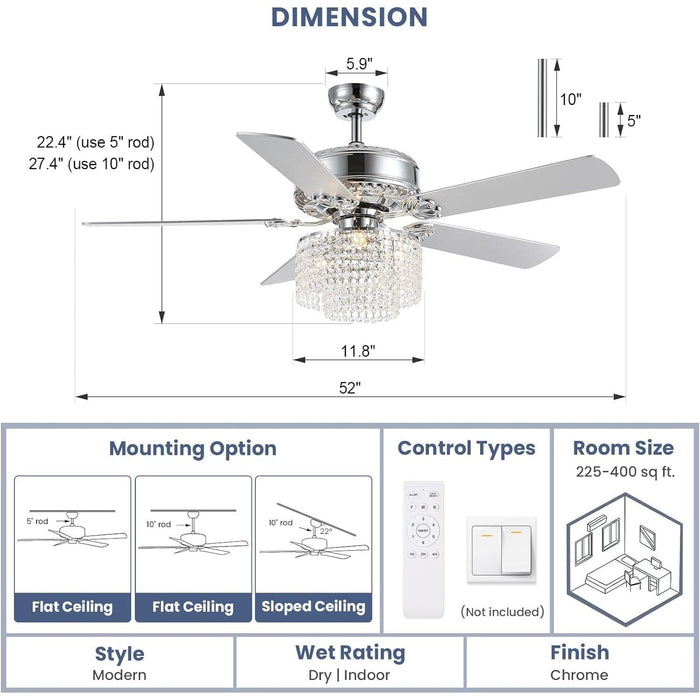 52 in. Crystal Ceiling Fan with Light and Remote Control, Modern Fan with Light, Reversible Chandelier Fan, Wood Chrome Fandelier for Bedroom Living Room-6-ErisView