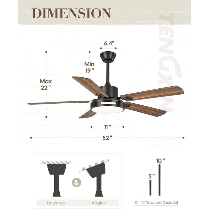 52 in. Farmhouse Ceiling Fan, Industrial Ceiling Fans with Light and Remote Control, Matte Black Ceiling Fan with 5 Reversible Blades-6-ErisView