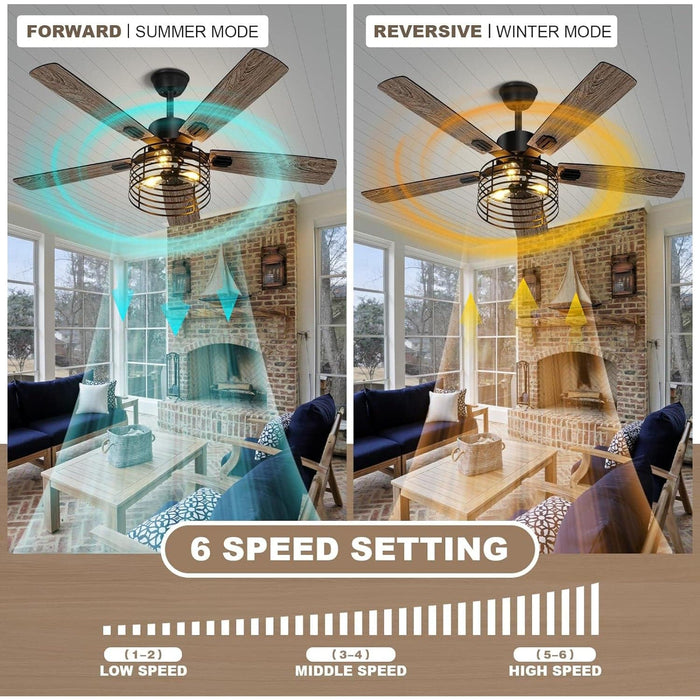 52 in. Farmhouse Ceiling Fan with Light and Remote, Rustic Caged Ceiling Fan, Industrial Ceiling Fans, Black Ceiling Fan for Bedroom Living Room Patio-2-ErisView