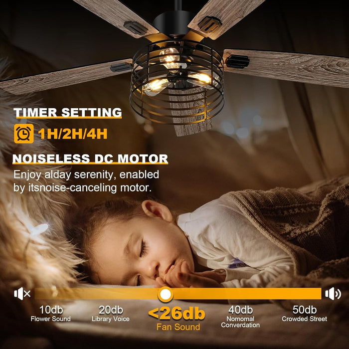 52 in. Farmhouse Ceiling Fan with Light and Remote, Rustic Caged Ceiling Fan, Industrial Ceiling Fans, Black Ceiling Fan for Bedroom Living Room Patio-3-ErisView