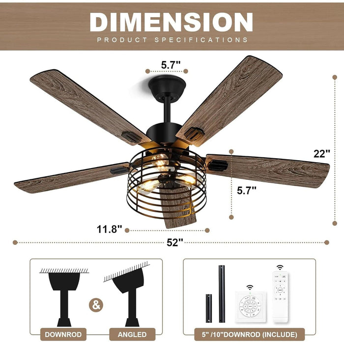 52 in. Farmhouse Ceiling Fan with Light and Remote, Rustic Caged Ceiling Fan, Industrial Ceiling Fans, Black Ceiling Fan for Bedroom Living Room Patio-4-ErisView