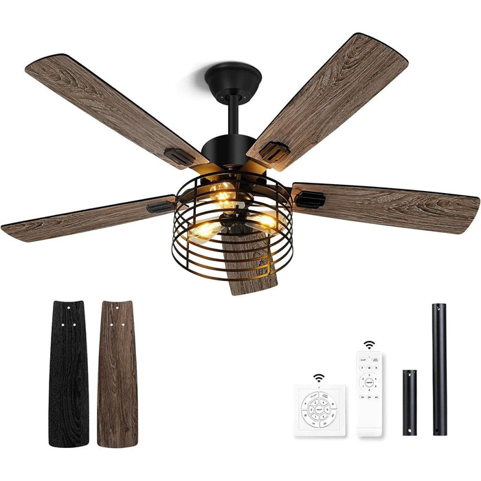 52 in. Farmhouse Ceiling Fan with Light and Remote, Rustic Caged Ceiling Fan, Industrial Ceiling Fans, Black Ceiling Fan for Bedroom Living Room Patio-1-ErisView