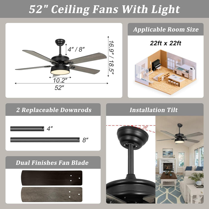 52 in. Farmhouse Ceiling Fan with Lights and Remote, Outdoor Ceiling Fan for Patio, Indoor Modern Black Ceiling Fan for Living Room Bedroom Dining Room -6-ErisView