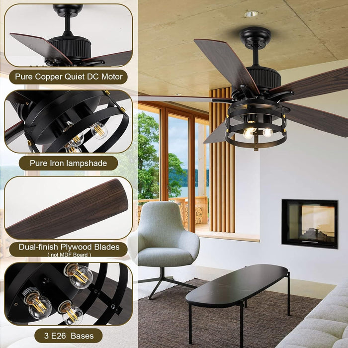 52 in. Farmhouse Rustic Ceiling Fans with Lights, Large Industrial Reversible DC Ceiling Fan-5-ErisView