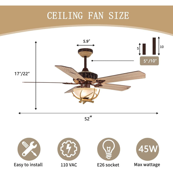 52 in. Farmhouse Rustic Fan with Light and Remote, Wood Antler Ceiling Fan, Decorative Ceiling Fans Chandelier  for Bedroom Living Room -6-ErisView