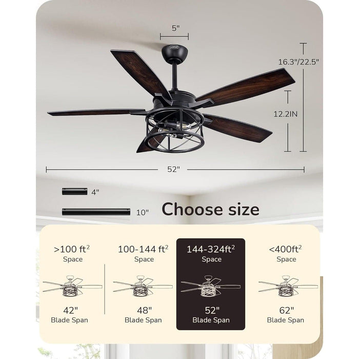 52 in. Farmhouse Rustic Remote Ceiling Fan with Light, 5 Wood Blades Reversible DC Ceiling Fan for Bedroom Patio Porch-8-ErisView