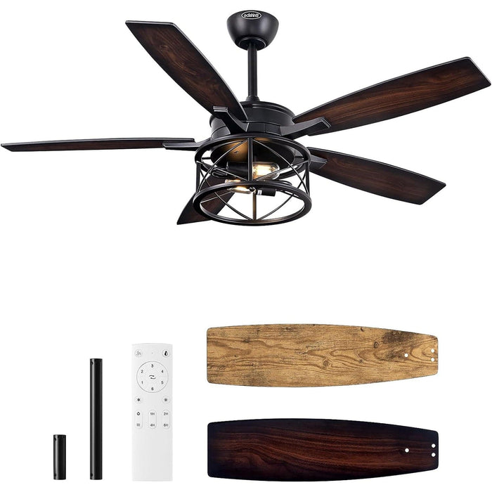 52 in. Farmhouse Rustic Remote Ceiling Fan with Light, 5 Wood Blades Reversible DC Ceiling Fan for Bedroom Patio Porch-9-ErisView