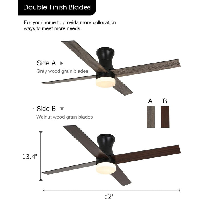 52 in. Flush Mount Ceiling Fan with Light, Modern Low Profile Ceiling Fan with Remote Control, Reversible Black Ceiling Fan for Bedroom Living Room-3-ErisView