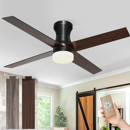 52 in. Flush Mount Ceiling Fan with Light, Modern Low Profile Ceiling Fan with Remote Control, Reversible Black Ceiling Fan for Bedroom Living Room-1-ErisView