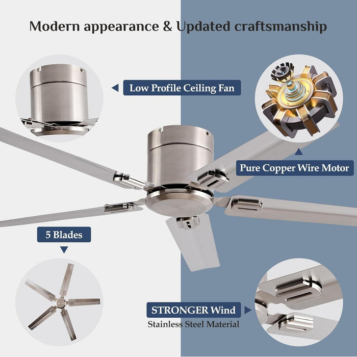 52 in. Indoor Outdoor Stainless Steel Ceiling Fans with 5 Blades Remote Control, Low Profile Ceiling Fan for Patio Living Room Bedroom Office-2-ErisView