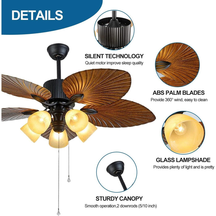 52 in. Indoor Outdoor Tropical Ceiling Fans with Light and Remote, Palm Leaf Ceiling Fan, Farmhouse Chandelier Ceiling Fan for Bedroom Living Room-4-ErisView