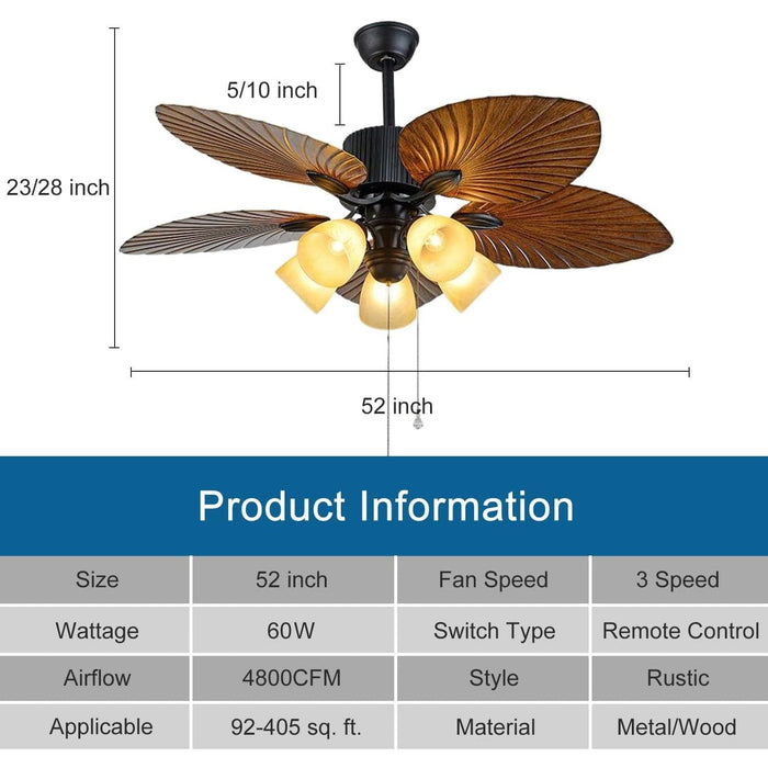 52 in. Indoor Outdoor Tropical Ceiling Fans with Light and Remote, Palm Leaf Ceiling Fan, Farmhouse Chandelier Ceiling Fan for Bedroom Living Room-5-ErisView