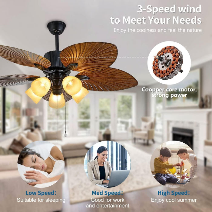 52 in. Indoor Outdoor Tropical Ceiling Fans with Light and Remote, Palm Leaf Ceiling Fan, Farmhouse Chandelier Ceiling Fan for Bedroom Living Room-6-ErisView